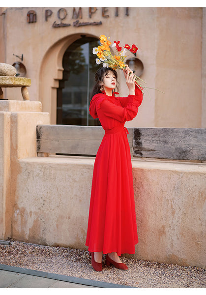 Women Red Seaside Holiday Ethnic Style Beach Skirt Elastic Waist Big Swing Long Dress