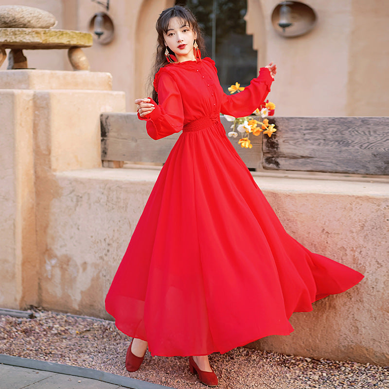 Women Red Seaside Holiday Ethnic Style Beach Skirt Elastic Waist Big Swing Long Dress