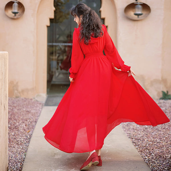 Women Red Seaside Holiday Ethnic Style Beach Skirt Elastic Waist Big Swing Long Dress