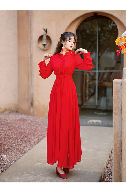 Women Red Seaside Holiday Ethnic Style Beach Skirt Elastic Waist Big Swing Long Dress