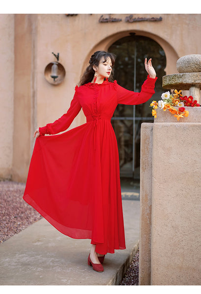 Women Red Seaside Holiday Ethnic Style Beach Skirt Elastic Waist Big Swing Long Dress