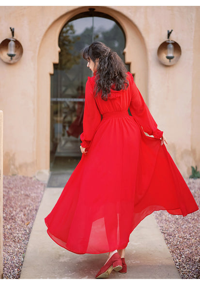 Women Red Seaside Holiday Ethnic Style Beach Skirt Elastic Waist Big Swing Long Dress
