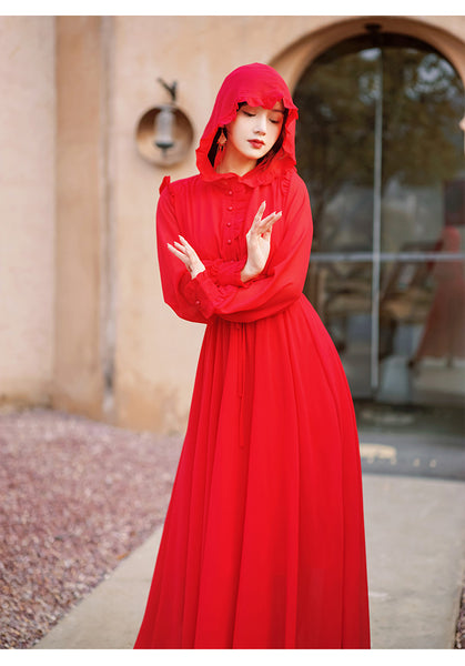 Women Red Seaside Holiday Ethnic Style Beach Skirt Elastic Waist Big Swing Long Dress