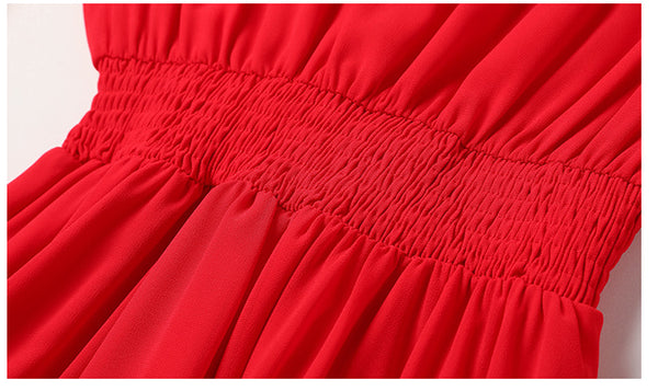 Women Red Seaside Holiday Ethnic Style Beach Skirt Elastic Waist Big Swing Long Dress