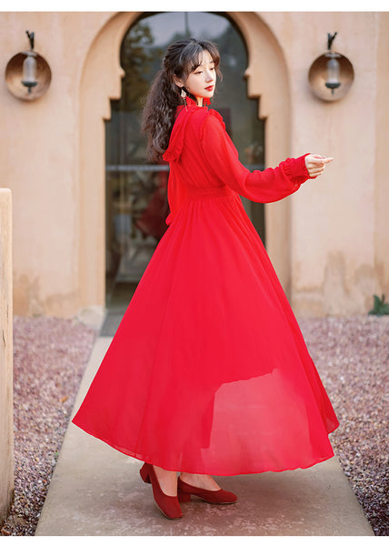 Women Red Seaside Holiday Ethnic Style Beach Skirt Elastic Waist Big Swing Long Dress