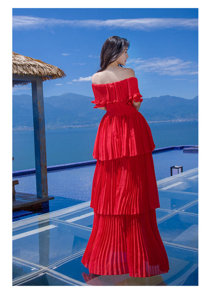Holiday Fairy Retro Bohemian Off Shoulder Collar Pleated Long Cake Dress Skirt