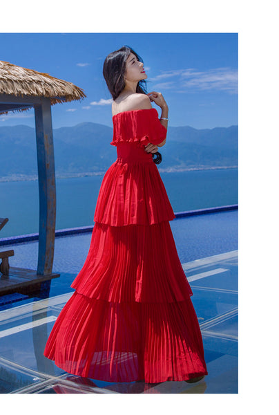 Holiday Fairy Retro Bohemian Off Shoulder Collar Pleated Long Cake Dress Skirt