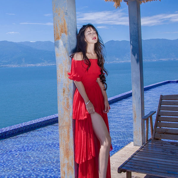 Holiday Fairy Retro Bohemian Off Shoulder Collar Pleated Long Cake Dress Skirt