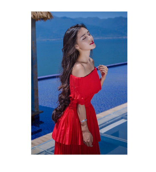 Holiday Fairy Retro Bohemian Off Shoulder Collar Pleated Long Cake Dress Skirt