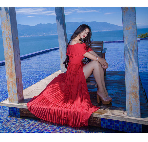 Holiday Fairy Retro Bohemian Off Shoulder Collar Pleated Long Cake Dress Skirt