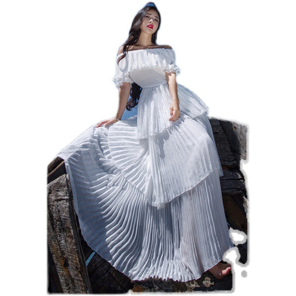 Holiday Fairy Retro Bohemian Off Shoulder Collar Pleated Long Cake Dress Skirt