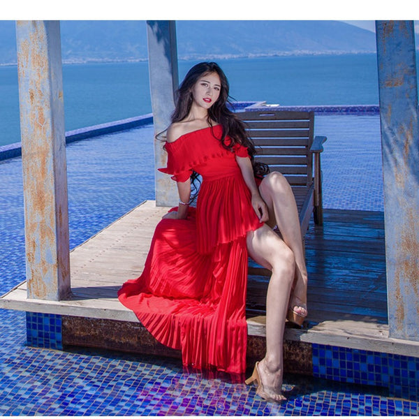 Holiday Fairy Retro Bohemian Off Shoulder Collar Pleated Long Cake Dress Skirt