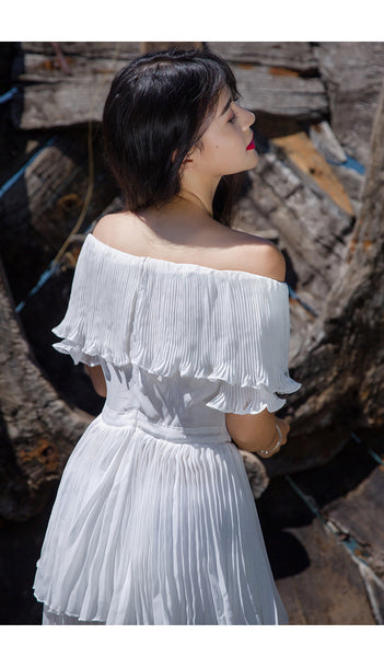 Holiday Fairy Retro Bohemian Off Shoulder Collar Pleated Long Cake Dress Skirt