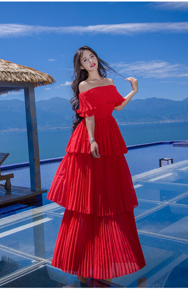 Holiday Fairy Retro Bohemian Off Shoulder Collar Pleated Long Cake Dress Skirt