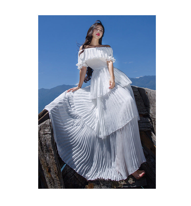 Holiday Fairy Retro Bohemian Off Shoulder Collar Pleated Long Cake Dress Skirt