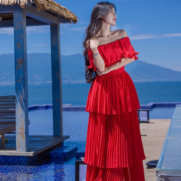 Holiday Fairy Retro Bohemian Off Shoulder Collar Pleated Long Cake Dress Skirt