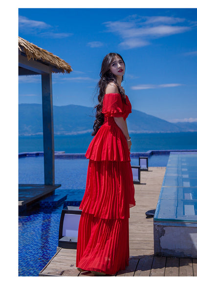 Holiday Fairy Retro Bohemian Off Shoulder Collar Pleated Long Cake Dress Skirt