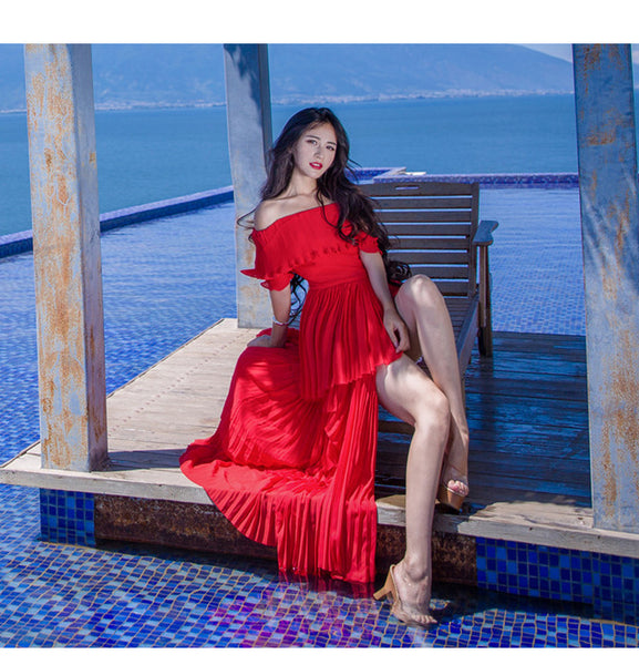 Holiday Fairy Retro Bohemian Off Shoulder Collar Pleated Long Cake Dress Skirt