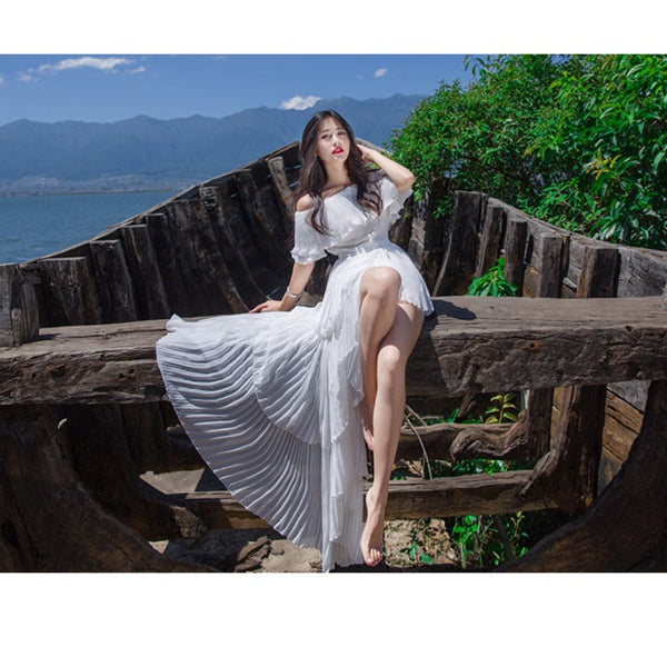 Holiday Fairy Retro Bohemian Off Shoulder Collar Pleated Long Cake Dress Skirt