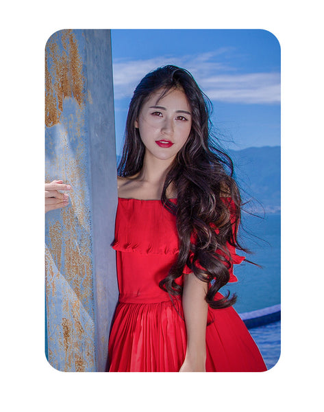 Holiday Fairy Retro Bohemian Off Shoulder Collar Pleated Long Cake Dress Skirt