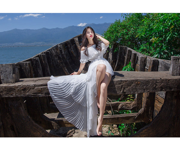 Holiday Fairy Retro Bohemian Off Shoulder Collar Pleated Long Cake Dress Skirt