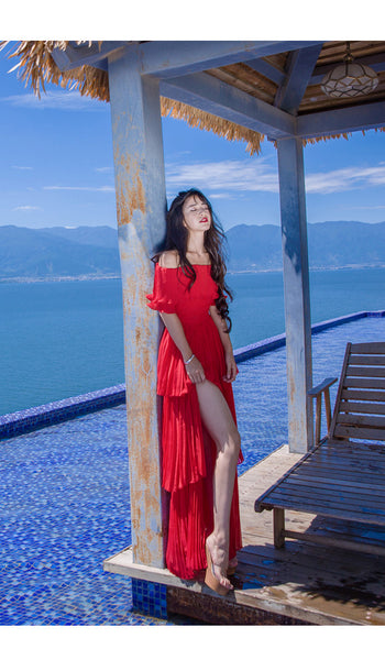 Holiday Fairy Retro Bohemian Off Shoulder Collar Pleated Long Cake Dress Skirt