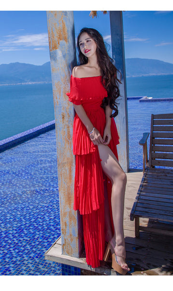 Holiday Fairy Retro Bohemian Off Shoulder Collar Pleated Long Cake Dress Skirt