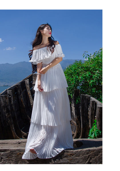 Holiday Fairy Retro Bohemian Off Shoulder Collar Pleated Long Cake Dress Skirt