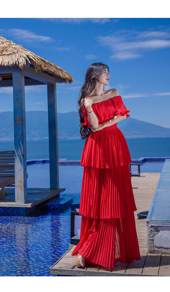 Holiday Fairy Retro Bohemian Off Shoulder Collar Pleated Long Cake Dress Skirt