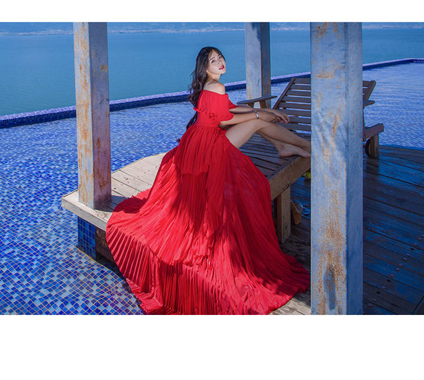 Holiday Fairy Retro Bohemian Off Shoulder Collar Pleated Long Cake Dress Skirt