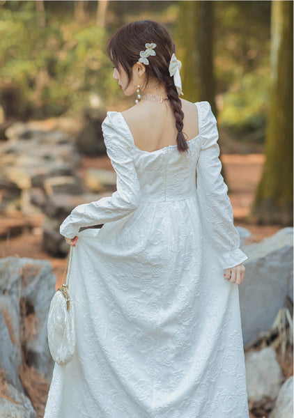 Spring Retro Palace Style Jacquard Temperament Square Collar Long Sleeved Dress