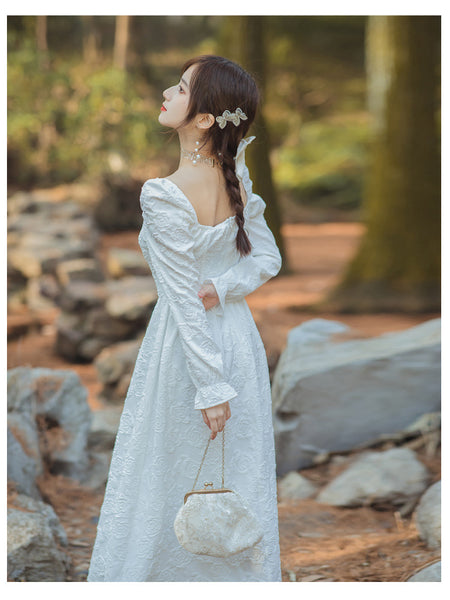 Spring Retro Palace Style Jacquard Temperament Square Collar Long Sleeved Dress