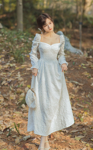 Spring Retro Palace Style Jacquard Temperament Square Collar Long Sleeved Dress