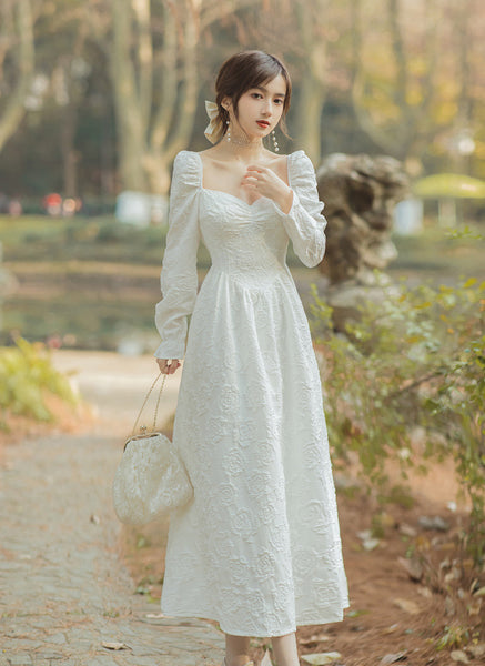 Spring Retro Palace Style Jacquard Temperament Square Collar Long Sleeved Dress