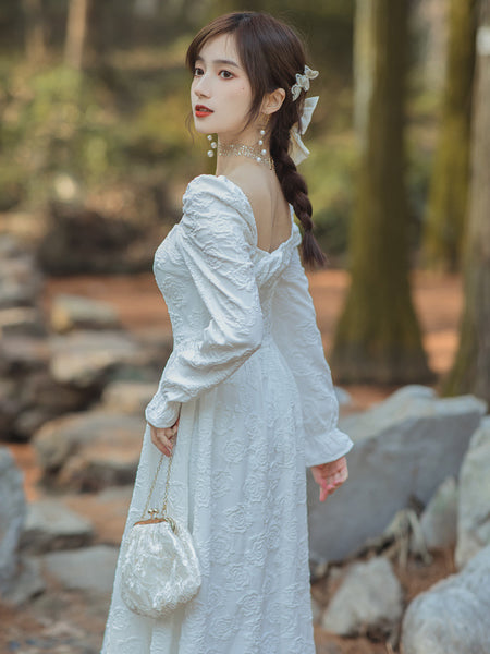 Spring Retro Palace Style Jacquard Temperament Square Collar Long Sleeved Dress