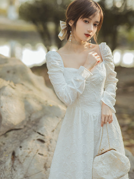 Spring Retro Palace Style Jacquard Temperament Square Collar Long Sleeved Dress