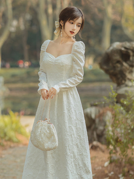 Spring Retro Palace Style Jacquard Temperament Square Collar Long Sleeved Dress