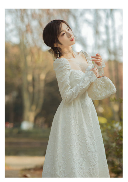 Spring Retro Palace Style Jacquard Temperament Square Collar Long Sleeved Dress