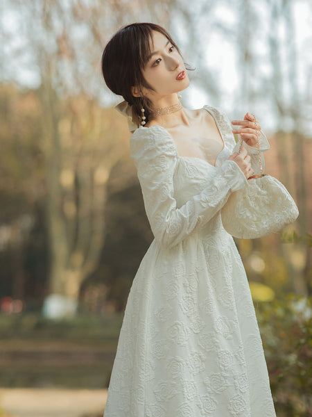 Spring Retro Palace Style Jacquard Temperament Square Collar Long Sleeved Dress
