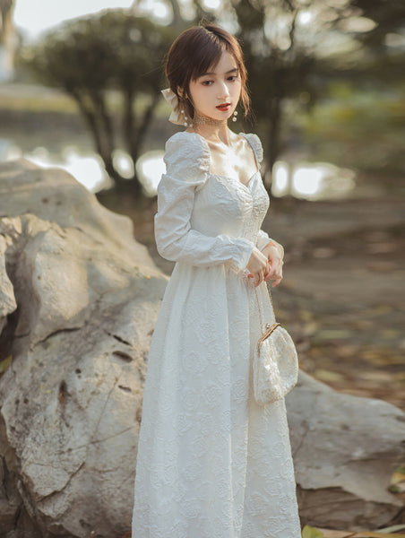 Spring Retro Palace Style Jacquard Temperament Square Collar Long Sleeved Dress