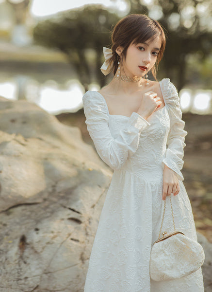 Spring Retro Palace Style Jacquard Temperament Square Collar Long Sleeved Dress