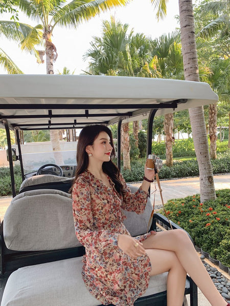 Elegant Long Sleeved Floral lotus leaf Collar V Neck Printed A Line Women Dress