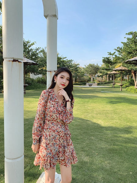 Elegant Long Sleeved Floral lotus leaf Collar V Neck Printed A Line Women Dress