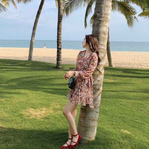 Elegant Long Sleeved Floral lotus leaf Collar V Neck Printed A Line Women Dress