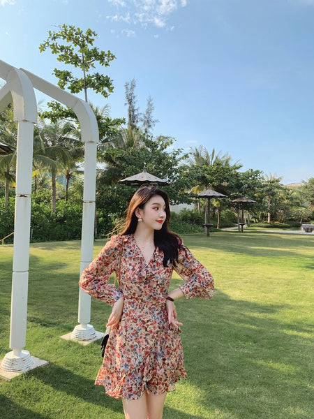 Elegant Long Sleeved Floral lotus leaf Collar V Neck Printed A Line Women Dress