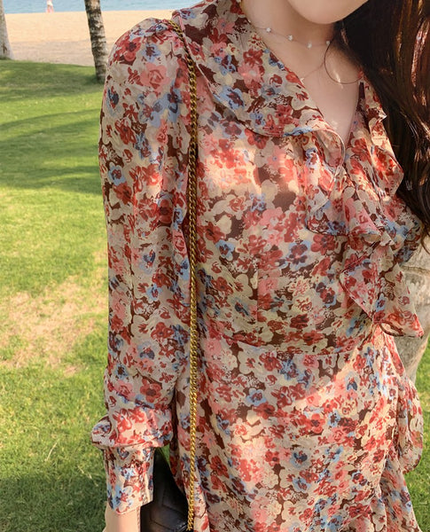 Elegant Long Sleeved Floral lotus leaf Collar V Neck Printed A Line Women Dress