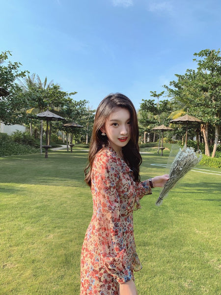 Elegant Long Sleeved Floral lotus leaf Collar V Neck Printed A Line Women Dress