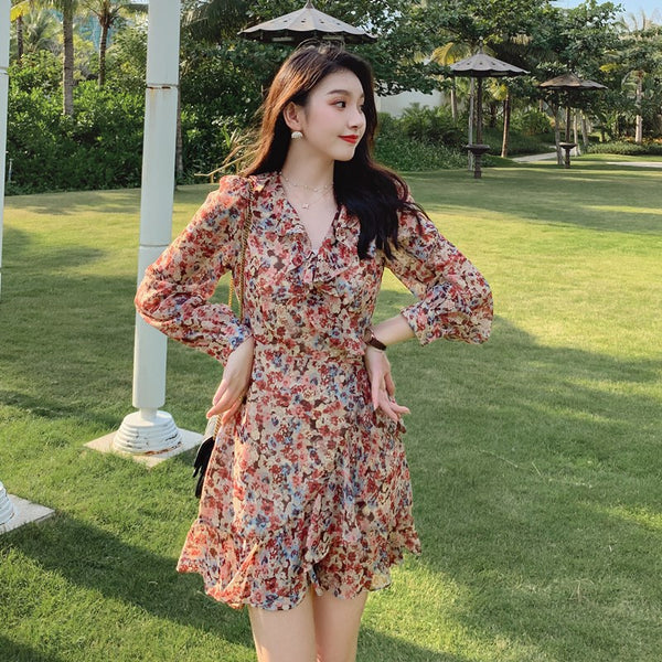 Elegant Long Sleeved Floral lotus leaf Collar V Neck Printed A Line Women Dress