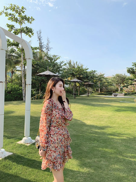 Elegant Long Sleeved Floral lotus leaf Collar V Neck Printed A Line Women Dress