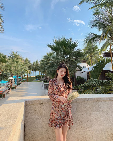 Elegant Long Sleeved Floral lotus leaf Collar V Neck Printed A Line Women Dress